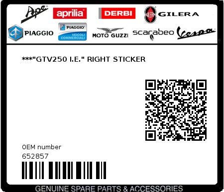 Product image: Vespa - 652857 - ***"GTV250 I.E." RIGHT STICKER   0