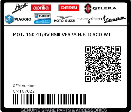 Product image: Vespa - CM167022 - MOT. 150 4T/3V BSIII VESPA H.E. DISCO WT  0