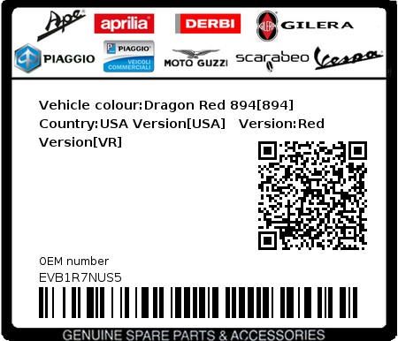 Product image: Vespa - EVB1R7NUS5 - Vehicle colour:Dragon Red 894[894]   Country:USA Version[USA]   Version:Red Version[VR]  0