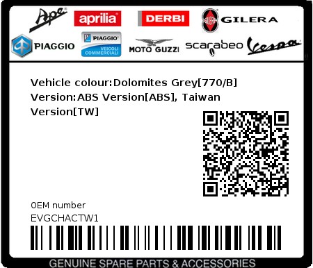 Product image: Vespa - EVGCHACTW1 - Vehicle colour:Dolomites Grey[770/B]   Version:ABS Version[ABS], Taiwan Version[TW]  0