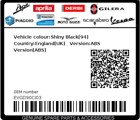 Product image: Vespa - EVGD90CI03 - Vehicle colour:Shiny Black[94]   Country:England[UK]   Version:ABS Version[ABS]  0
