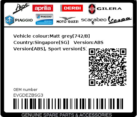Product image: Vespa - EVGDEZBSG3 - Vehicle colour:Matt grey[742/B]   Country:Singapore[SG]   Version:ABS Version[ABS], Sport version[S]  0