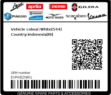 Product image: Vespa - EVPK8ZNRI1 - Vehicle colour:White[544]   Country:Indonesia[RI]  0