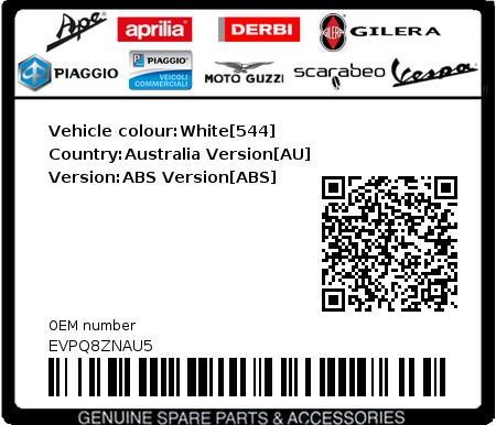 Product image: Vespa - EVPQ8ZNAU5 - Vehicle colour:White[544]   Country:Australia Version[AU]   Version:ABS Version[ABS]  0