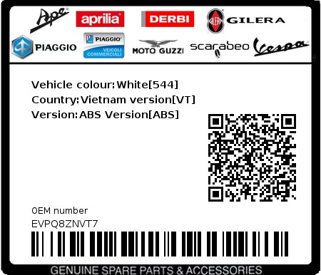 Product image: Vespa - EVPQ8ZNVT7 - Vehicle colour:White[544]   Country:Vietnam version[VT]   Version:ABS Version[ABS]  0