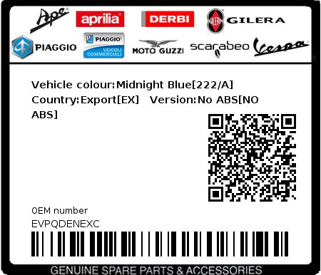 Product image: Vespa - EVPQDENEXC - Vehicle colour:Midnight Blue[222/A]   Country:Export[EX]   Version:No ABS[NO ABS]  0