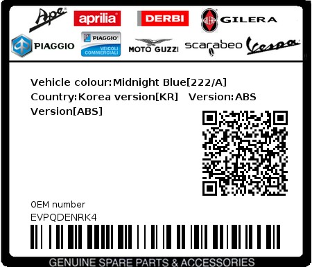 Product image: Vespa - EVPQDENRK4 - Vehicle colour:Midnight Blue[222/A]   Country:Korea version[KR]   Version:ABS Version[ABS]  0
