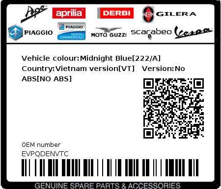 Product image: Vespa - EVPQDENVTC - Vehicle colour:Midnight Blue[222/A]   Country:Vietnam version[VT]   Version:No ABS[NO ABS]  0