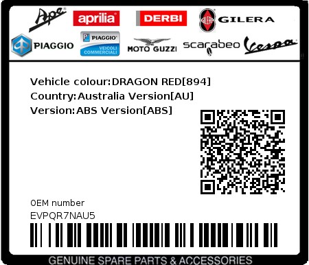 Product image: Vespa - EVPQR7NAU5 - Vehicle colour:DRAGON RED[894]   Country:Australia Version[AU]   Version:ABS Version[ABS]  0