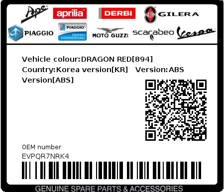 Product image: Vespa - EVPQR7NRK4 - Vehicle colour:DRAGON RED[894]   Country:Korea version[KR]   Version:ABS Version[ABS]  0