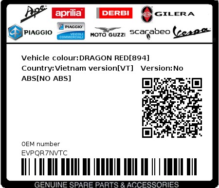 Product image: Vespa - EVPQR7NVTC - Vehicle colour:DRAGON RED[894]   Country:Vietnam version[VT]   Version:No ABS[NO ABS]  0