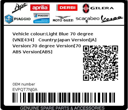 Product image: Vespa - EVPQT7NJ0A - Vehicle colour:Light Blue 70 degree (VN)[434]   Country:Japan Version[JA]   Version:70 degree Version[70 degree], ABS Version[ABS]  0
