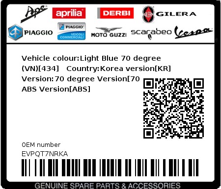 Product image: Vespa - EVPQT7NRKA - Vehicle colour:Light Blue 70 degree (VN)[434]   Country:Korea version[KR]   Version:70 degree Version[70 degree], ABS Version[ABS]  0