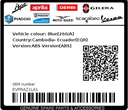 Product image: Vespa - EVPRAZ1LA1 - Vehicle colour: Blue[260/A]   Country:Cambodia- Ecuador[EQR]   Version:ABS Version[ABS]  0