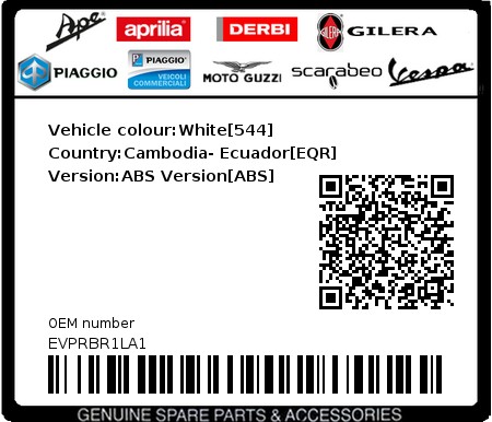Product image: Vespa - EVPRBR1LA1 - Vehicle colour:White[544]   Country:Cambodia- Ecuador[EQR]   Version:ABS Version[ABS]  0