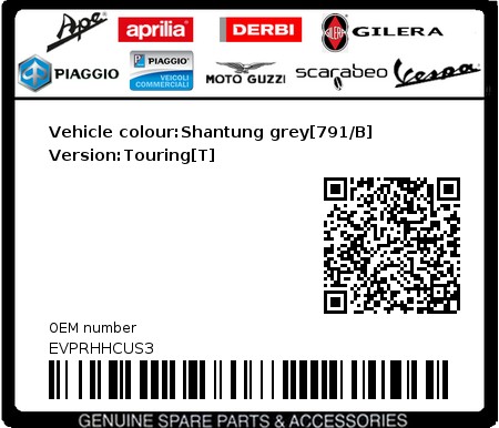 Product image: Vespa - EVPRHHCUS3 - Vehicle colour:Shantung grey[791/B]   Version:Touring[T]  0