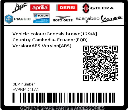 Product image: Vespa - EVPRMD1LA1 - Vehicle colour:Genesis brown[129/A]   Country:Cambodia- Ecuador[EQR]   Version:ABS Version[ABS]  0