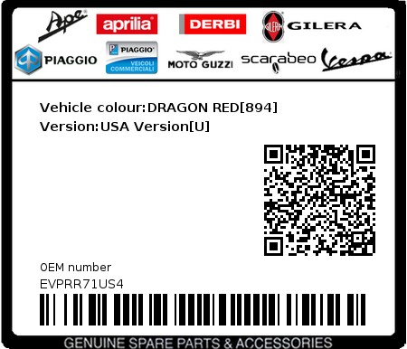Product image: Vespa - EVPRR71US4 - Vehicle colour:DRAGON RED[894]   Version:USA Version[U]  0