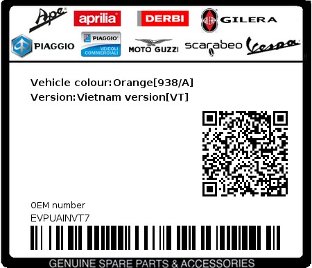 Product image: Vespa - EVPUAINVT7 - Vehicle colour:Orange[938/A]   Version:Vietnam version[VT]  0