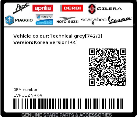Product image: Vespa - EVPUEZNRK4 - Vehicle colour:Technical grey[742/B]   Version:Korea version[RK]  0