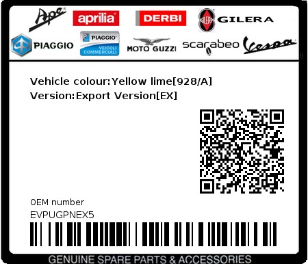 Product image: Vespa - EVPUGPNEX5 - Vehicle colour:Yellow lime[928/A]   Version:Export Version[EX]  0