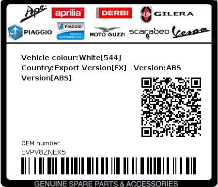 Product image: Vespa - EVPV8ZNEX5 - Vehicle colour:White[544]   Country:Export Version[EX]   Version:ABS Version[ABS]  0