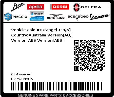 Product image: Vespa - EVPVAINAU5 - Vehicle colour:Orange[938/A]   Country:Australia Version[AU]   Version:ABS Version[ABS]  0