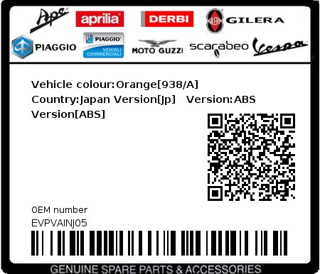 Product image: Vespa - EVPVAINJ05 - Vehicle colour:Orange[938/A]   Country:Japan Version[Jp]   Version:ABS Version[ABS]  0