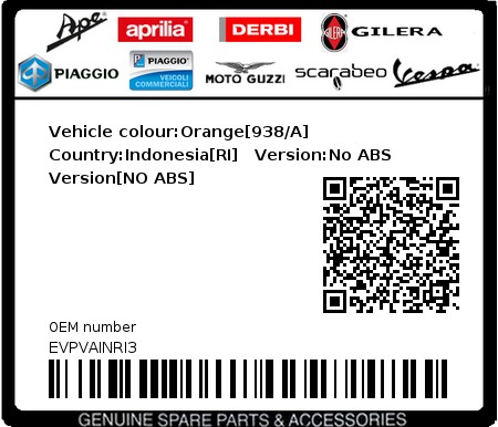 Product image: Vespa - EVPVAINRI3 - Vehicle colour:Orange[938/A]   Country:Indonesia[RI]   Version:No ABS Version[NO ABS]  0