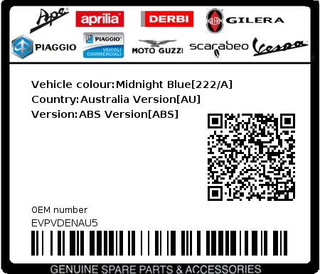 Product image: Vespa - EVPVDENAU5 - Vehicle colour:Midnight Blue[222/A]   Country:Australia Version[AU]   Version:ABS Version[ABS]  0