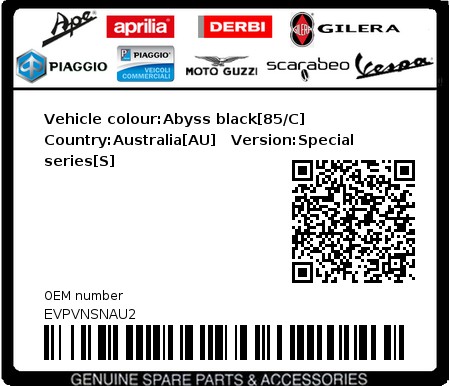 Product image: Vespa - EVPVNSNAU2 - Vehicle colour:Abyss black[85/C]   Country:Australia[AU]   Version:Special series[S]  0
