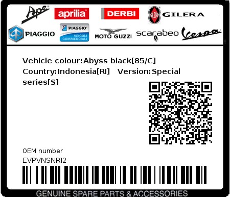 Product image: Vespa - EVPVNSNRI2 - Vehicle colour:Abyss black[85/C]   Country:Indonesia[RI]   Version:Special series[S]  0