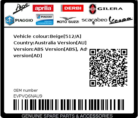 Product image: Vespa - EVPVQ6NAU9 - Vehicle colour:Beige[512/A]   Country:Australia Version[AU]   Version:ABS Version[ABS], Adventure version[AD]  0