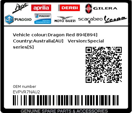 Product image: Vespa - EVPVR7NAU2 - Vehicle colour:Dragon Red 894[894]   Country:Australia[AU]   Version:Special series[S]  0