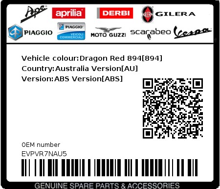 Product image: Vespa - EVPVR7NAU5 - Vehicle colour:Dragon Red 894[894]   Country:Australia Version[AU]   Version:ABS Version[ABS]  0