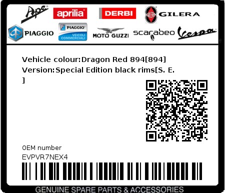 Product image: Vespa - EVPVR7NEX4 - Vehicle colour:Dragon Red 894[894]   Version:Special Edition black rims[S. E. ]  0
