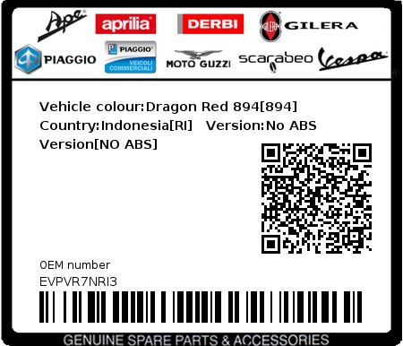 Product image: Vespa - EVPVR7NRI3 - Vehicle colour:Dragon Red 894[894]   Country:Indonesia[RI]   Version:No ABS Version[NO ABS]  0