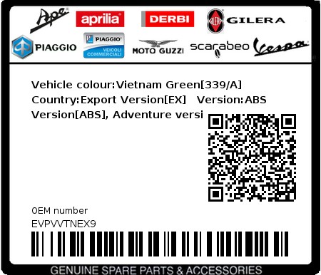 Product image: Vespa - EVPVVTNEX9 - Vehicle colour:Vietnam Green[339/A]   Country:Export Version[EX]   Version:ABS Version[ABS], Adventure version[AD]  0