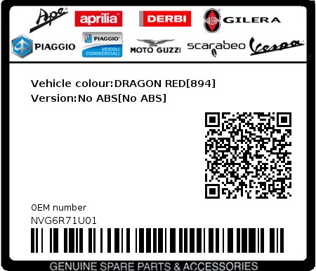 Product image: Vespa - NVG6R71U01 - Vehicle colour:DRAGON RED[894]   Version:No ABS[No ABS]  0