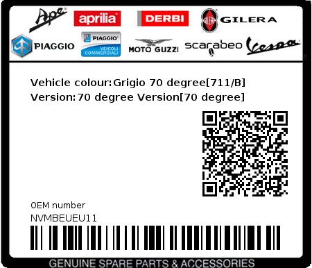 Product image: Vespa - NVMBEUEU11 - Vehicle colour:Grigio 70 degree[711/B]   Version:70 degree Version[70 degree]  0