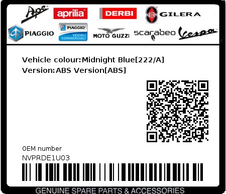 Product image: Vespa - NVPRDE1U03 - Vehicle colour:Midnight Blue[222/A]   Version:ABS Version[ABS]  0