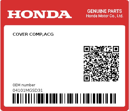 Product image: Honda - 04101MGSD31 - COVER COMP,ACG  0