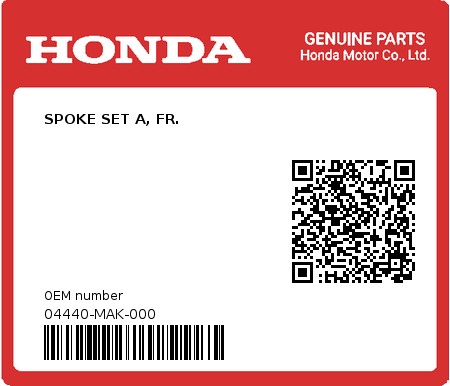 Product image: Honda - 04440-MAK-000 - SPOKE SET A, FR.  0