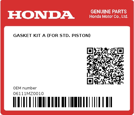 Product image: Honda - 06111MZ0010 - GASKET KIT A (FOR STD. PISTON)  0