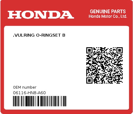 Product image: Honda - 06116-HN8-A60 - .VULRING O-RINGSET B  0