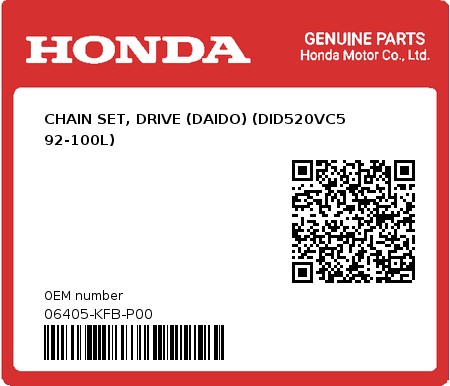 Product image: Honda - 06405-KFB-P00 - CHAIN SET, DRIVE (DAIDO) (DID520VC5 92-100L)  0