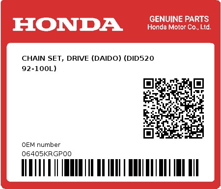 Product image: Honda - 06405KRGP00 - CHAIN SET, DRIVE (DAIDO) (DID520 92-100L)  0