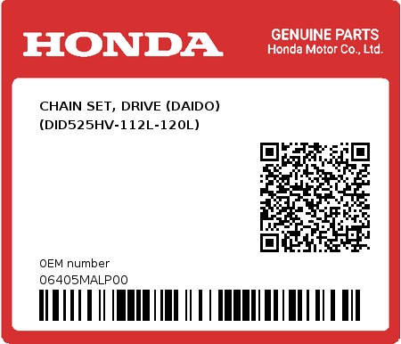 Product image: Honda - 06405MALP00 - CHAIN SET, DRIVE (DAIDO) (DID525HV-112L-120L)  0