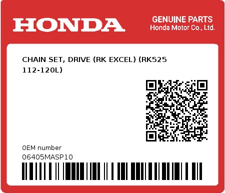 Product image: Honda - 06405MASP10 - CHAIN SET, DRIVE (RK EXCEL) (RK525 112-120L)  0