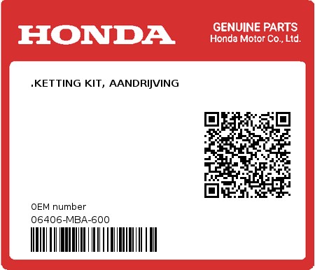 Product image: Honda - 06406-MBA-600 - .KETTING KIT, AANDRIJVING  0